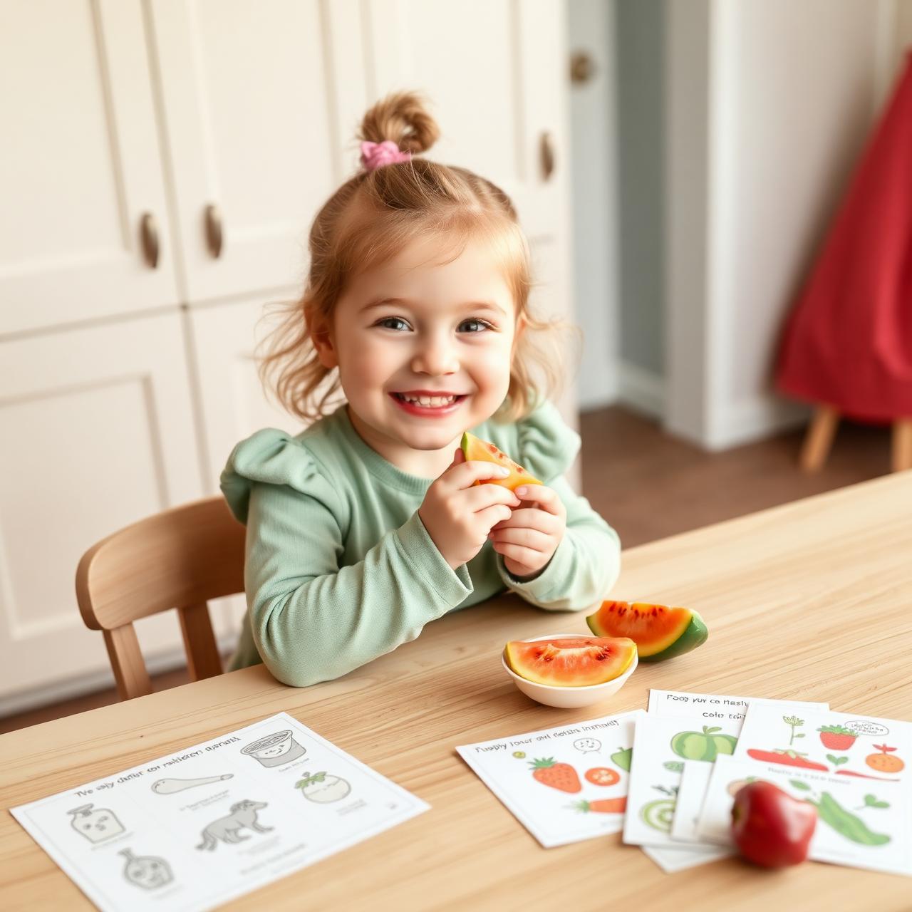 Blij kind proeft nieuw fruit aan tafel, met kleurplaten en eetkaartjes ernaast